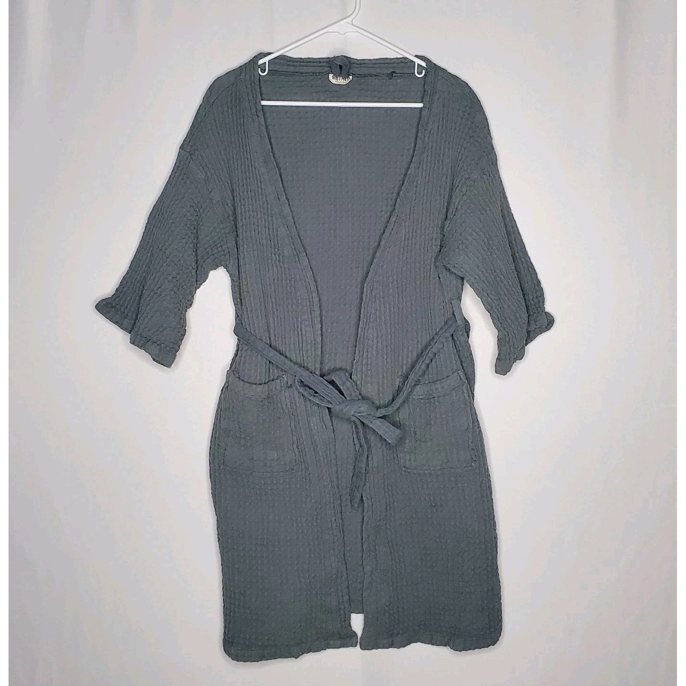 Bathen Waffle Robe Unisex Small Gray Belt Cotton Pocket‎ Half Sleeve Knee Length
